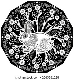 Art therapy coloring page. Outline Mandala and Cute Rabbit for coloring. Decorative round ornament. Anti-stress therapy scheme. Weaving design element.