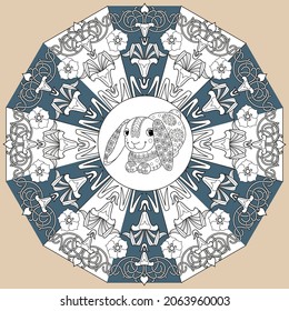 Art therapy coloring page. Outline Mandala and Cute Rabbit for coloring. Decorative round ornament. Anti-stress therapy scheme. Weaving design element.