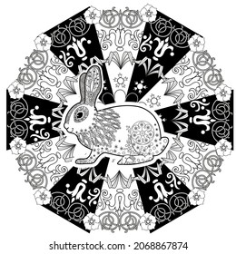 Art therapy coloring page. Outline Mandala and Cute Rabbit for coloring. Decorative round ornament. Anti-stress therapy scheme. Weaving design element.