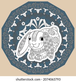 Art therapy coloring page. Outline Mandala and Cute Rabbit for coloring. Decorative round ornament. Anti-stress therapy scheme. Weaving design element.