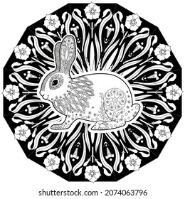 Art therapy coloring page. Outline Mandala and Cute Rabbit for coloring. Decorative round ornament. Anti-stress therapy scheme. Weaving design element.
