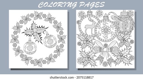 Art therapy coloring page. Outline Mandala and Christmas Bauble for coloring. Decorative round ornament. Anti-stress therapy scheme. Weaving design element.