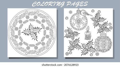 Art therapy coloring page. Outline Mandala and Christmas Bauble for coloring. Decorative round ornament. Anti-stress therapy scheme. Weaving design element.