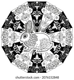 Art therapy coloring page. Outline Mandala and Cute Rabbit for coloring. Decorative round ornament. Anti-stress therapy scheme. Weaving design element.