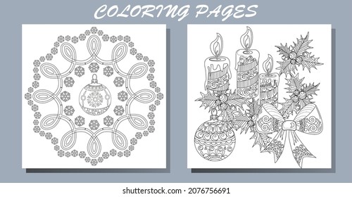 Art therapy coloring page. Outline Mandala and Christmas Bauble for coloring. Decorative round ornament. Anti-stress therapy scheme. Weaving design element.