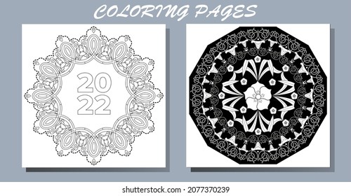 Art therapy coloring page. Outline Mandala and Christmas Bauble for coloring. Decorative round ornament. Anti-stress therapy scheme. Weaving design element.