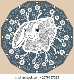 Art therapy coloring page. Outline Mandala and Cute Rabbit for coloring. Decorative round ornament. Anti-stress therapy scheme. Weaving design element.