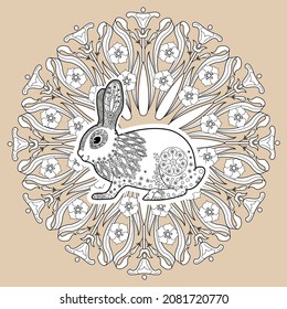 Art therapy coloring page. Outline Mandala and Cute Rabbit for coloring. Decorative round ornament. Anti-stress therapy scheme. Weaving design element.