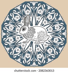 Art therapy coloring page. Outline Mandala and Cute Rabbit for coloring. Decorative round ornament. Anti-stress therapy scheme. Weaving design element.