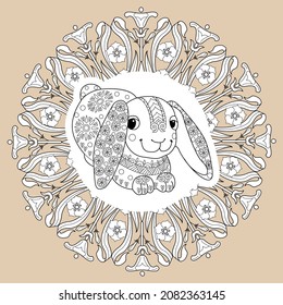 Kunsttherapie-Farbseite. Umrisse Mandala und Cute Kaninchen zum Färben. Dekorative Rundverzierungen. Anti-Stress-Therapie-Schema. Weberdesign-Element.