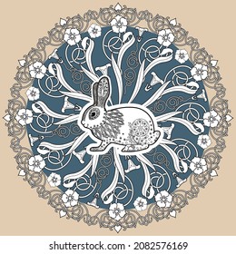 Art therapy coloring page. Outline Mandala and Cute Rabbit for coloring. Decorative round ornament. Anti-stress therapy scheme. Weaving design element.