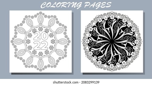 Art therapy coloring page. Outline Mandala and Christmas Bauble for coloring. Decorative round ornament. Anti-stress therapy scheme. Weaving design element.