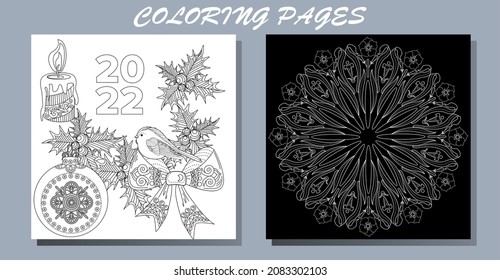 Art therapy coloring page. Outline Mandala and Christmas Bauble for coloring. Decorative round ornament. Anti-stress therapy scheme. Weaving design element.