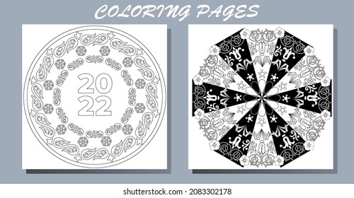 Art therapy coloring page. Outline Mandala and Christmas Bauble for coloring. Decorative round ornament. Anti-stress therapy scheme. Weaving design element.