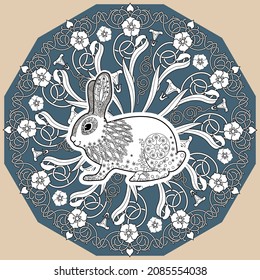 Art therapy coloring page. Outline Mandala and Cute Rabbit for coloring. Decorative round ornament. Anti-stress therapy scheme. Weaving design element.