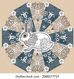 Art therapy coloring page. Outline Mandala and Cute Rabbit for coloring. Decorative round ornament. Anti-stress therapy scheme. Weaving design element.