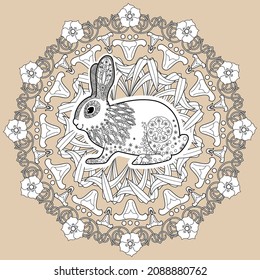 Art therapy coloring page. Outline Mandala and Cute Rabbit for coloring. Decorative round ornament. Anti-stress therapy scheme. Weaving design element.