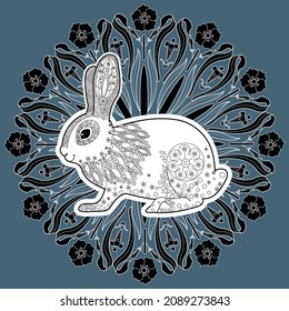 Art therapy coloring page. Outline Mandala and Cute Rabbit for coloring. Decorative round ornament. Anti-stress therapy scheme. Weaving design element.
