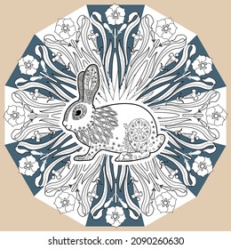 Art therapy coloring page. Outline Mandala and Cute Rabbit for coloring. Decorative round ornament. Anti-stress therapy scheme. Weaving design element.