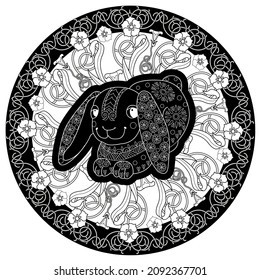 Art therapy coloring page. Outline Mandala and Cute Rabbit for coloring. Decorative round ornament. Anti-stress therapy scheme. Weaving design element.