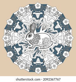 Art therapy coloring page. Outline Mandala and Cute Rabbit for coloring. Decorative round ornament. Anti-stress therapy scheme. Weaving design element.