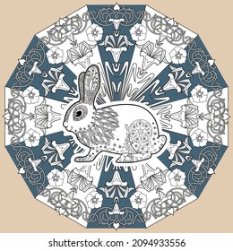 Art therapy coloring page. Outline Mandala and Cute Rabbit for coloring. Decorative round ornament. Anti-stress therapy scheme. Weaving design element.