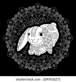 Art therapy coloring page. Outline Mandala and Cute Rabbit for coloring. Decorative round ornament. Anti-stress therapy scheme. Weaving design element.