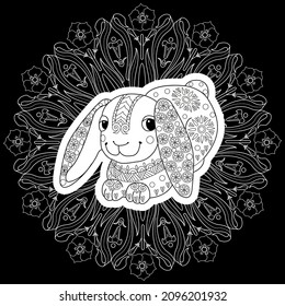 Art therapy coloring page. Outline Mandala and Cute Rabbit for coloring. Decorative round ornament. Anti-stress therapy scheme. Weaving design element.