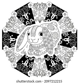 Art therapy coloring page. Outline Mandala and Cute Rabbit for coloring. Decorative round ornament. Anti-stress therapy scheme. Weaving design element.