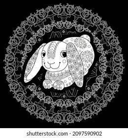 Art therapy coloring page. Outline Mandala and Cute Rabbit for coloring. Decorative round ornament. Anti-stress therapy scheme. Weaving design element.
