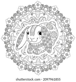 Art therapy coloring page. Outline Mandala and Cute Rabbit for coloring. Decorative round ornament. Anti-stress therapy scheme. Weaving design element.