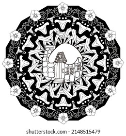 Art therapy coloring page. Outline Mandala and Cute House for coloring. Decorative round ornament. Anti-stress therapy scheme. Weaving design element.