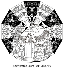 Art therapy coloring page. Outline Mandala and Cute House for coloring. Decorative round ornament. Anti-stress therapy scheme. Weaving design element.
