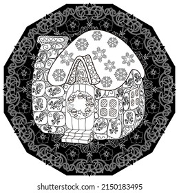 Art therapy coloring page. Outline Mandala and Cute House for coloring. Decorative round ornament. Anti-stress therapy scheme. Weaving design element.
