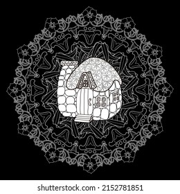 Art therapy coloring page. Outline Mandala and Cute House for coloring. Decorative round ornament. Anti-stress therapy scheme. Weaving design element.
