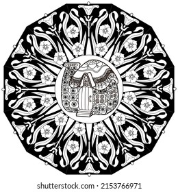 Art therapy coloring page. Outline Mandala and Cute House for coloring. Decorative round ornament. Anti-stress therapy scheme. Weaving design element.
