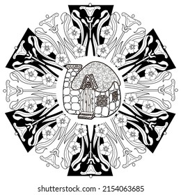 Art therapy coloring page. Outline Mandala and Cute House for coloring. Decorative round ornament. Anti-stress therapy scheme. Weaving design element.
