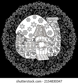 Art therapy coloring page. Outline Mandala and Cute House for coloring. Decorative round ornament. Anti-stress therapy scheme. Weaving design element.
