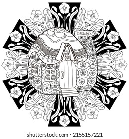 Art therapy coloring page. Outline Mandala and Cute House for coloring. Decorative round ornament. Anti-stress therapy scheme. Weaving design element.
