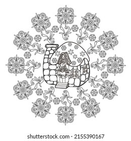 Art therapy coloring page. Outline Mandala and Cute House for coloring. Decorative round ornament. Anti-stress therapy scheme. Weaving design element.
