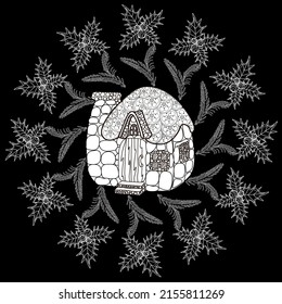 Art therapy coloring page. Outline Mandala and Cute House for coloring. Decorative round ornament. Anti-stress therapy scheme. Weaving design element.
