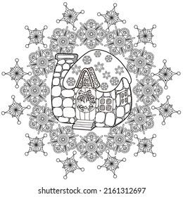 Art therapy coloring page. Outline Mandala and Cute House for coloring. Decorative round ornament. Anti-stress therapy scheme. Weaving design element.
