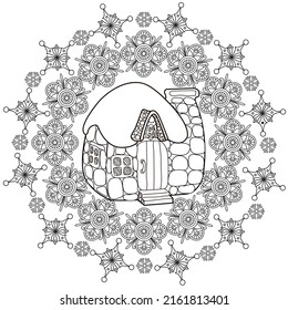Art therapy coloring page. Outline Mandala and Cute House for coloring. Decorative round ornament. Anti-stress therapy scheme. Weaving design element.
