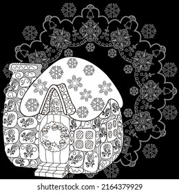 Art therapy coloring page. Outline Mandala and Cute House for coloring. Decorative round ornament. Anti-stress therapy scheme. Weaving design element.
