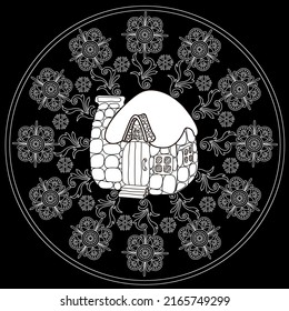 Art therapy coloring page. Outline Mandala and Cute House for coloring. Decorative round ornament. Anti-stress therapy scheme. Weaving design element.
