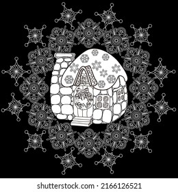 Art therapy coloring page. Outline Mandala and Cute House for coloring. Decorative round ornament. Anti-stress therapy scheme. Weaving design element.
