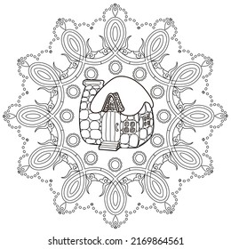 Art therapy coloring page. Outline Mandala and Cute House for coloring. Decorative round ornament. Anti-stress therapy scheme. Weaving design element.
