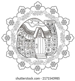 Art therapy coloring page. Outline Mandala and Cute House for coloring. Decorative round ornament. Anti-stress therapy scheme. Weaving design element.
