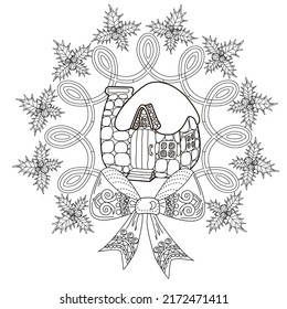 Art therapy coloring page. Outline Mandala and Cute House for coloring. Decorative round ornament. Anti-stress therapy scheme. Weaving design element.
