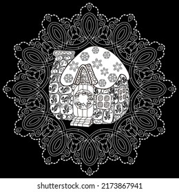 Art therapy coloring page. Outline Mandala and Cute House for coloring. Decorative round ornament. Anti-stress therapy scheme. Weaving design element.
